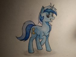 Size: 1280x960 | Tagged: safe, artist:borsch-zebrovich, minuette, pony, unicorn, g4, cutie mark, female, grin, looking at you, mare, raised hoof, smiling, solo, traditional art, watercolor painting