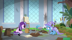 Size: 1600x900 | Tagged: safe, screencap, starlight glimmer, trixie, pony, a horse shoe-in, g4, bog, book, burnt, cape, chair, classroom, clothes, desk, dirt, hat, inkwell, leaves, mess, moss, quill, singed, trixie's cape, trixie's hat, window