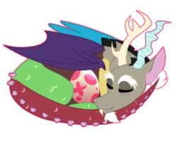 Size: 2500x2000 | Tagged: safe, artist:mewmoonar, derpibooru exclusive, discord, draconequus, g4, cuddling, daddy discord, egg, happy, high res, interspecies offspring, male, nap, offspring, parent:discord, parent:fluttershy, parents:discoshy, smiling, solo, wholesome