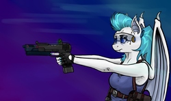 Size: 2200x1300 | Tagged: safe, artist:borsch-zebrovich, oc, oc only, bat pony, anthro, augmented, clothes, cyberpunk, female, futuristic, gun, solo, trigger discipline, visor, weapon, wing claws