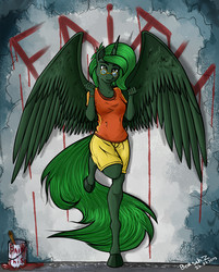 Size: 1450x1800 | Tagged: safe, artist:borsch-zebrovich, oc, oc only, oc:faith overfire, alicorn, anthro, unguligrade anthro, fallout equestria, alicorn oc, artificial alicorn, clothes, fanfic, fanfic art, female, glasses, graffiti, green alicorn (fo:e), hooves, horn, large wings, looking at you, paint, paint can, shorts, solo, spread wings, wings