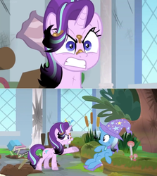 Size: 1600x1792 | Tagged: safe, edit, edited screencap, screencap, starlight glimmer, trixie, pony, a horse shoe-in, g4, angry, bog, book, cape, cattails, classroom, clothes, comic, dirt, hat, leaning back, mess, moss, mushroom, picture frame, reeds, screencap comic, trixie's cape, trixie's hat, upset, window