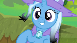 Size: 1600x898 | Tagged: safe, screencap, trixie, pony, a horse shoe-in, g4, benson, cape, clothes, female, hat, mare, moss, regular show, smiling, solo, trixie's cape, trixie's hat