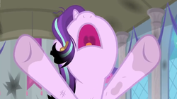 Size: 1600x900 | Tagged: safe, screencap, starlight glimmer, pony, a horse shoe-in, g4, banner, female, mare, nose in the air, raised hooves, ruined, singed, solo, window, yelling
