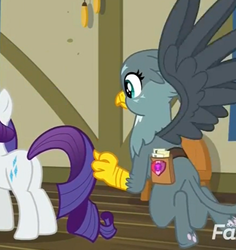 Size: 468x496 | Tagged: safe, edit, edited screencap, screencap, gabby, rarity, griffon, pony, unicorn, dragon dropped, g4, butt, cropped, duo, eyes on the prize, female, flying, mare, out of context, plot, saddle bag