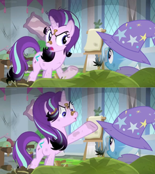 Size: 1600x1792 | Tagged: safe, edit, edited screencap, screencap, starlight glimmer, trixie, pony, a horse shoe-in, g4, angry, bog, burnt, cape, classroom, clothes, comic, dirt, easel, hat, moss, ruined, scolding, screencap comic, singed, trixie's cape, trixie's hat, upset, window, yelling