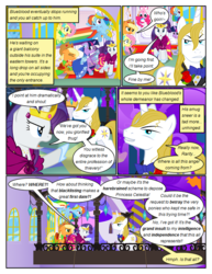 Size: 612x792 | Tagged: safe, artist:christhes, applejack, fluttershy, pinkie pie, prince blueblood, rainbow dash, rarity, twilight sparkle, earth pony, pegasus, pony, unicorn, comic:friendship is dragons, g4, angry, bowtie, clothes, collaboration, comic, dialogue, dress, eyes closed, female, flower, frown, gala dress, jewelry, male, mane six, mare, night, rose, show accurate, smiling, smirk, stallion, stars, tiara, unicorn twilight