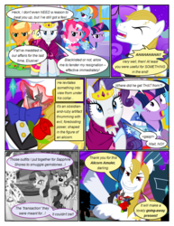 Size: 612x792 | Tagged: safe, artist:christhes, applejack, fluttershy, pinkie pie, prince blueblood, rainbow dash, rarity, sapphire shores, twilight sparkle, earth pony, pegasus, pony, unicorn, comic:friendship is dragons, g4, alicorn amulet, alternate eye color, angry, bowtie, clothes, collaboration, comic, dialogue, dress, evil laugh, evil smile, eyes closed, female, flower, frown, gala dress, glass slipper (footwear), glowing horn, grin, hat, high heels, horn, jewelry, laughing, male, mane six, mare, rose, shoes, show accurate, smiling, stallion, surprised, tiara, top hat, unicorn twilight, unshorn fetlocks