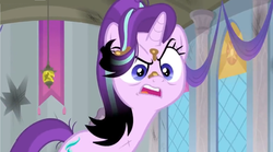 Size: 1598x890 | Tagged: safe, screencap, starlight glimmer, pony, a horse shoe-in, g4, angry, banner, broken, burned, burnt, dirt, female, lamp, mare, shattered, singed, solo, upset, window