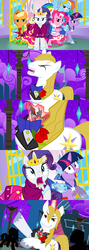 Size: 1460x4106 | Tagged: safe, alternate version, artist:christhes, applejack, fluttershy, pinkie pie, prince blueblood, rainbow dash, rarity, twilight sparkle, earth pony, pegasus, pony, unicorn, comic:friendship is dragons, g4, alicorn amulet, alternate eye color, angry, bowtie, clothes, collaboration, comic, dress, evil laugh, evil smile, eyes closed, female, flower, frown, gala dress, glass slipper (footwear), glowing horn, grin, horn, jewelry, laughing, male, mane six, mare, rose, show accurate, smiling, stallion, surprised, tiara, unicorn twilight, unshorn fetlocks