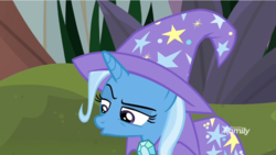 Size: 925x521 | Tagged: safe, screencap, trixie, pony, a horse shoe-in, g4, confused, discovery family logo, female, solo