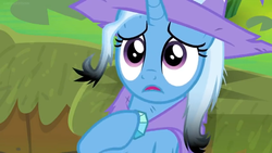 Size: 1600x900 | Tagged: safe, screencap, trixie, pony, a horse shoe-in, g4, burnt, female, mare, moss, sad, sad eyes, singed, solo
