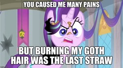 Size: 897x500 | Tagged: safe, edit, edited screencap, screencap, starlight glimmer, pony, a horse shoe-in, g4, angry, banner, broken, burned, burnt, caption, dirt, female, goth, image macro, lamp, shattered, singed, solo, text, this will end in communism, this will end in death, this will end in gulag, this will end in pain, this will end in tears, this will end in tears and/or death, this will not end well, upset, window