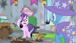 Size: 1600x900 | Tagged: safe, screencap, starlight glimmer, trixie, pony, a horse shoe-in, g4, banner, broken, burnt, cape, clothes, column, easel, hat, mess, moss, picture frame, potted plant, shattered, singed, stool, trixie's cape, trixie's hat, window