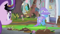 Size: 1600x900 | Tagged: safe, screencap, starlight glimmer, trixie, pony, a horse shoe-in, g4, ashamed, bog, cape, cattails, clothes, dirt, hat, leaving, moss, mushroom, picture frame, reeds, sad, tree, trixie's cape, trixie's hat, upset