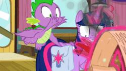 Size: 800x450 | Tagged: safe, screencap, cup cake, spike, twilight sparkle, alicorn, dragon, earth pony, pony, a trivial pursuit, g4, animated, faic, feather, female, loop, magic, male, mare, maximum overnerd, scroll, smoke, telekinesis, this will end in fire, twilight sparkle (alicorn), winged spike, wings