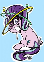 Size: 905x1280 | Tagged: safe, artist:grotezco, starlight glimmer, pony, unicorn, g4, blue background, crazed, dizzy, drool, drool string, drunklight glimmer, evil smile, grin, looking at you, looking back, looking back at you, madness, nightmare fuel, simple background, sitting, smiling, this will end in communism, trauma