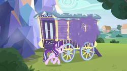 Size: 1600x900 | Tagged: safe, screencap, starlight glimmer, pony, a horse shoe-in, g4, crystal, house, outdoors, smoke, trixie's wagon, worried