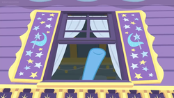 Size: 1600x900 | Tagged: safe, screencap, trixie, pony, a horse shoe-in, g4, curtains, female, mare, raised hoof, solo, trixie's wagon, window