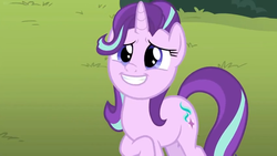 Size: 1600x900 | Tagged: safe, screencap, starlight glimmer, pony, a horse shoe-in, g4, female, mare, outdoors, smiling, solo