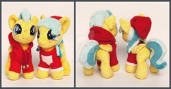 Size: 1024x537 | Tagged: safe, artist:gingerale2016, barley barrel, pickle barrel, pegasus, pony, g4, rainbow roadtrip, barrel twins, beanie, brother and sister, clothes, colt, female, filly, freckles, hat, hoodie, irl, male, photo, plushie, siblings, smiling, twins