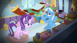Size: 1600x900 | Tagged: safe, screencap, starlight glimmer, trixie, pony, unicorn, a horse shoe-in, g4, blanket, book, box, broom, butt, cape, chest, clothes, container, curtains, door, hammock, hat, jar, juggling, pillow, plot, rug, smoke bomb, top hat, trixie's wagon, wand, window