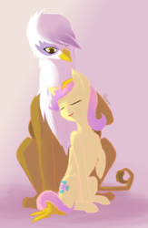 Size: 1238x1903 | Tagged: safe, artist:radioactive nero, fluttershy, gilda, griffon, pegasus, pony, g4, alternate cutie mark, alternate hairstyle, alternate universe, chest fluff, eyes closed, female, folded wings, mare, sitting, wings