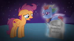 Size: 954x538 | Tagged: safe, rainbow dash, scootaloo, ghost, pegasus, pony, g4, the last problem, base used, clothes, crying, dead, end of ponies, female, future, grave, mare, older, older rainbow dash, older scootaloo, sad, soul, spirit, text, wings