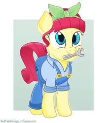 Size: 851x939 | Tagged: safe, artist:redpalette, torque wrench, earth pony, pony, g4, rainbow roadtrip, atorqueable, cute, female, mare, mouth hold, overalls, wrench