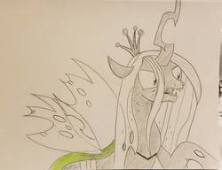 Size: 1021x783 | Tagged: safe, artist:polar_storm, queen chrysalis, changeling, changeling queen, g4, crown, female, jewelry, mare, regalia, sketch, solo, traditional art