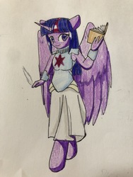 Size: 4032x3024 | Tagged: safe, artist:ponime11, twilight sparkle, alicorn, anthro, unguligrade anthro, g4, anatomically incorrect, armor, book, clothes, female, incorrect leg anatomy, looking at you, skirt, solo, traditional art, twilight sparkle (alicorn), wings