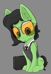 Size: 1348x1973 | Tagged: safe, artist:enragement filly, oc, oc:filly anon, pegasus, pony, briefcase, clothes, confused, female, filly, glasses, looking at you, necktie, shirt, waistcoat