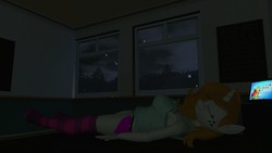 Size: 1920x1080 | Tagged: safe, artist:sevenxninja, derpibooru exclusive, oc, oc only, oc:love biscuit, unicorn, anthro, 3d, big breasts, breasts, clothes, computer, computer screen, dark room, female, gmod, laptop computer, sleeping, snow, snowfall, socks, solo, striped socks