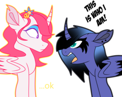 Size: 2500x2000 | Tagged: safe, artist:mewmoonar, derpibooru exclusive, princess celestia, princess luna, alicorn, pony, g4, dialogue, edgy, emo, eyeliner, eyeshadow, flower, flower in hair, hair accessory, hair over one eye, hairpin, high res, horn, it's not a phase, makeup, okay, piercing, pink-mane celestia, s1 luna, simple background, transparent background, wings, young celestia, younger