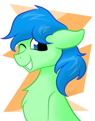 Size: 791x1010 | Tagged: safe, artist:cadetredshirt, oc, oc only, oc:francis, pony, blue mane, bust, chest fluff, green coat, looking at camera, looking at you, male, one eye closed, simple background, smiling, solo, stallion, wink