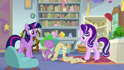 Size: 1920x1080 | Tagged: safe, edit, edited screencap, screencap, phyllis, spike, starlight glimmer, twilight sparkle, alicorn, dragon, pony, a horse shoe-in, g4, animated, sound, speed up, twilight sparkle (alicorn), webm, winged spike, wings