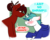 Size: 1004x796 | Tagged: safe, artist:cadetredshirt, oc, oc only, oc:cadetdredshirt, oc:snowy blue, earth pony, pony, unicorn, blushing, blushing profusely, chopsticks, clothes, ear blush, ear fluff, embarrassed, glasses, hair bun, hoodie, jacket, simple background, smiling, smug, tall, text, two toned hair