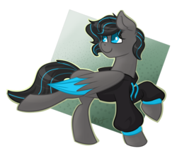 Size: 968x825 | Tagged: safe, artist:cadetredshirt, oc, oc only, pegasus, pony, blue eyes, clothes, colored pupils, ear fluff, folded wings, full body, giveaway, gray coat, hoodie, jacket, looking up, male, raffle prize, raised hoof, shading, simple background, smiling, solo, stallion, two toned mane, two toned tail, two toned wings, walking, wings