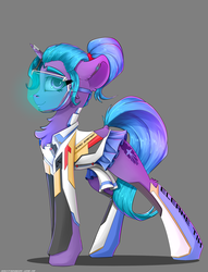 Size: 2100x2750 | Tagged: safe, artist:skitsroom, derpibooru exclusive, oc, oc only, oc:eleane tih, pony, unicorn, boots, clothes, cute, female, gray background, high res, magic, mare, miniskirt, pleated skirt, ponytail, shoes, simple background, skirt, smiling, socks, solo, stockings, thigh highs