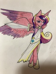 Size: 4032x3024 | Tagged: safe, artist:ponime11, princess cadance, alicorn, anthro, unguligrade anthro, g4, anatomically incorrect, clothes, female, incorrect leg anatomy, looking at you, pointing, solo, spread wings, sword, traditional art, weapon, wings