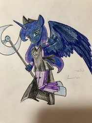 Size: 4032x3024 | Tagged: safe, artist:ponime11, princess luna, alicorn, anthro, unguligrade anthro, g4, anatomically incorrect, clothes, female, incorrect leg anatomy, looking at you, scepter, solo, spread wings, traditional art, wings