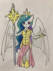 Size: 4032x3024 | Tagged: safe, artist:ponime11, princess celestia, alicorn, anthro, unguligrade anthro, g4, anatomically incorrect, armor, clothes, cute, female, incorrect leg anatomy, looking at you, scepter, shoes, side slit, skirt, solo, spread wings, traditional art, wings