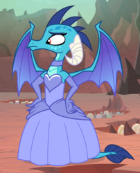 Size: 760x940 | Tagged: safe, artist:razzlemind, derpibooru exclusive, edit, edited screencap, screencap, princess ember, dragon, g4, sweet and smoky, choker, clothes, cropped, dragoness, dress, female, formal wear, gloves, gown, solo