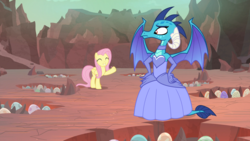 Size: 1920x1080 | Tagged: safe, artist:razzlemind, derpibooru exclusive, edit, edited screencap, screencap, fluttershy, princess ember, dragon, g4, sweet and smoky, clothes, dragoness, dress, egg, female, gloves, gown