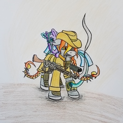 Size: 2551x2551 | Tagged: safe, artist:dice-warwick, oc, oc:quicktrot fragment, oc:rook, earth pony, pony, unicorn, fallout equestria, armor, battle saddle, braided ponytail, braided tail, gun, high res, pipbuck, possession, rifle, shotgun, traditional art, weapon