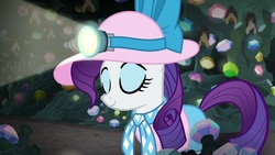 Size: 1920x1080 | Tagged: safe, screencap, rarity, pony, unicorn, dragon dropped, g4, ascot, eyes closed, female, gem cave, glowing horn, hat, headlamp, horn, mare, solo