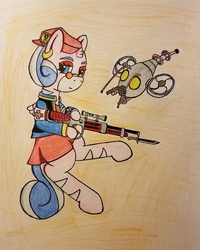 Size: 2418x3018 | Tagged: safe, artist:dice-warwick, oc, oc only, oc:harp melody, pony, unicorn, fallout equestria, clothes, dress, drone, gun, hat, high res, horn, mirage pony, pipbuck, red dress, red hat, rifle, skirt, small horn, small wings, solo, traditional art, weapon, wings