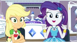 Size: 1280x720 | Tagged: safe, screencap, applejack, rarity, camping must-haves, equestria girls, equestria girls series, g4, spoiler:eqg series (season 2), bracelet, clothes, female, geode of shielding, geode of super strength, jewelry, looking at you, magical geodes, open mouth, rarity peplum dress, shirt, sleeveless