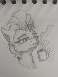 Size: 774x1032 | Tagged: safe, artist:coldtrail, tempest shadow, pony, g4, broken horn, coffee, female, horn, sketch, solo, traditional art