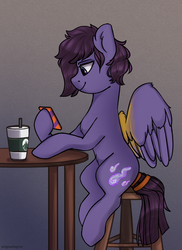 Size: 788x1080 | Tagged: safe, artist:enigmasdegree, oc, oc only, oc:vee ness, pegasus, pony, cellphone, coffee, female, gradient background, mare, phone, sitting, solo, spread wings, wings